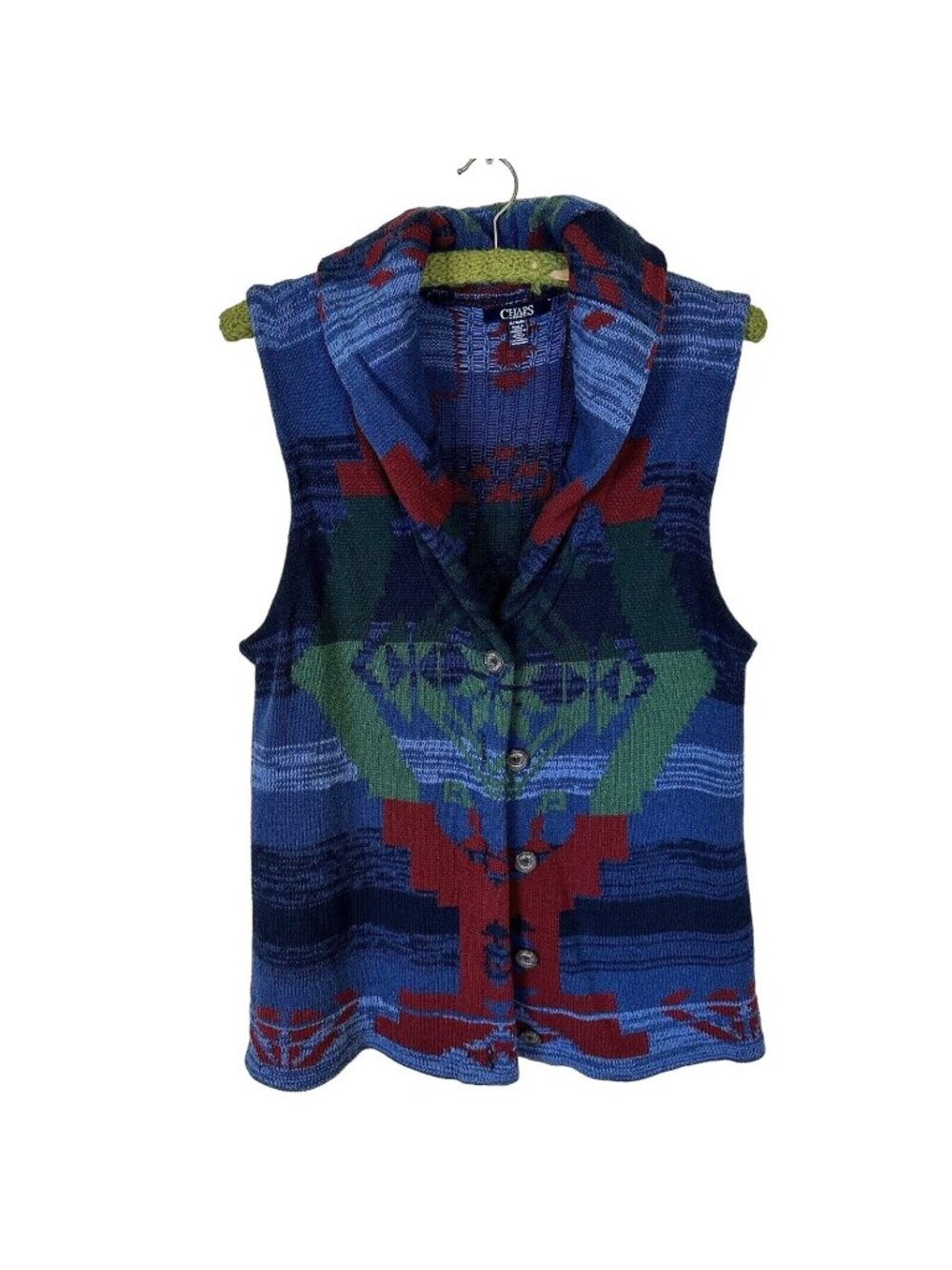 Chaps Aztec Womens Sweater Vest Blue Red Western Long Knit Front Button Size XL